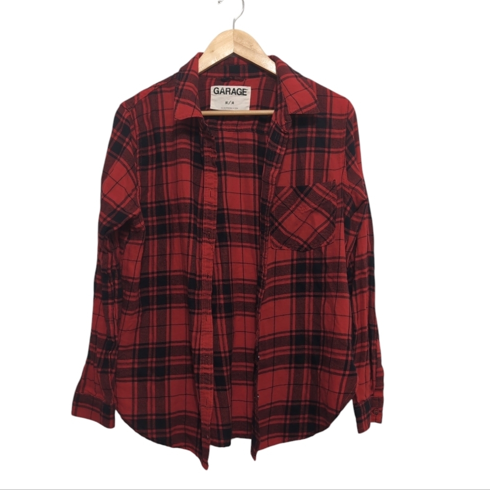 Garage Red and Black Plaid Long Sleeve Button Down Top Women's size Medium